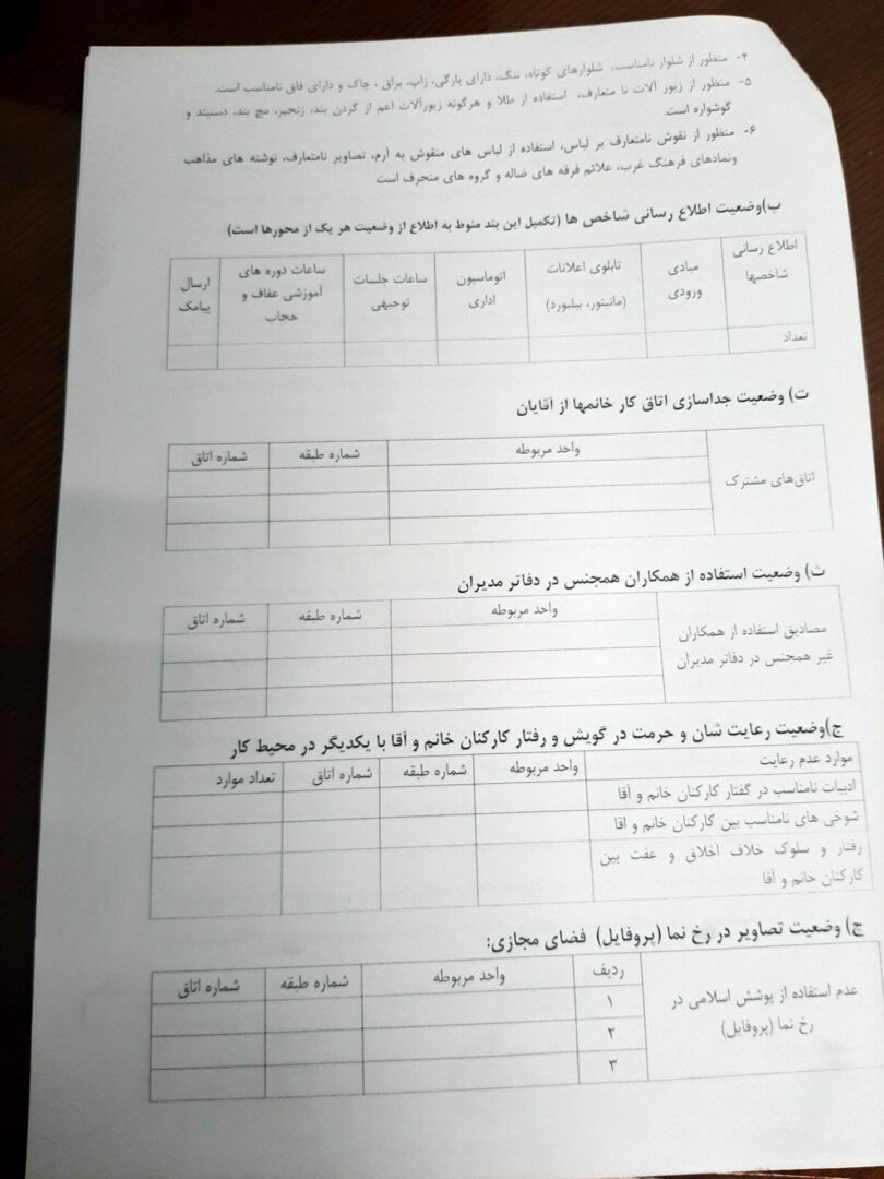 برگه ارزیابی ستاد امر به معروف و نهی از منکر از وضعیت ادارات بازرسی‌شده. منبع: توئیتر داریوش معمار (روزنامه‌نگار)