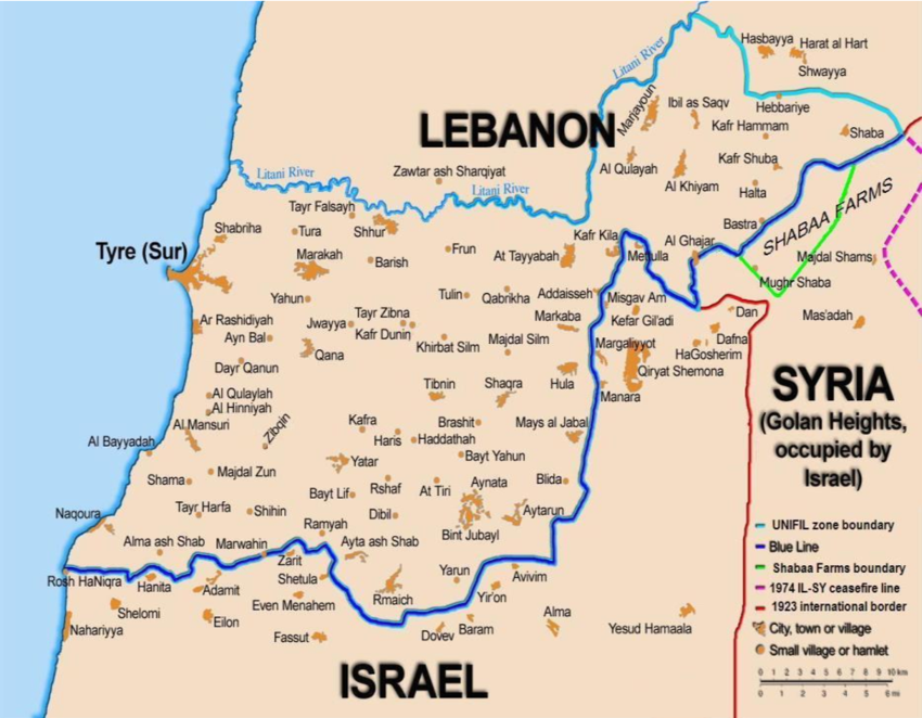 نقشه‌ی یک. نیروی صلح‌سازمان ملل یونیفیل (UNIFIL) در مرز لبنان-اسرائیل